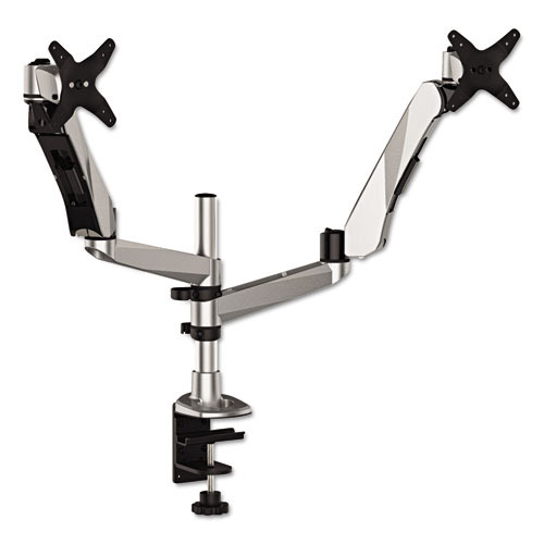 3M Easy-Adjust Desk Dual Arm Mount for 27" Monitors, 360 deg Rotation, +90/-15 deg Tilt, 360 deg Pan, Silver, Supports 20 lb