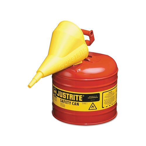 Justrite Type I Steel Safety Can, Flammables, 2 gal, Red, with Funnel