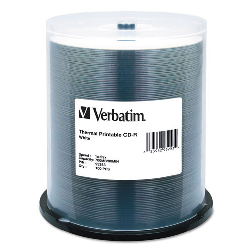 Verbatim CD-R Discs, Printable, 700MB/80min, 52x, Spindle, White, 100/Pack