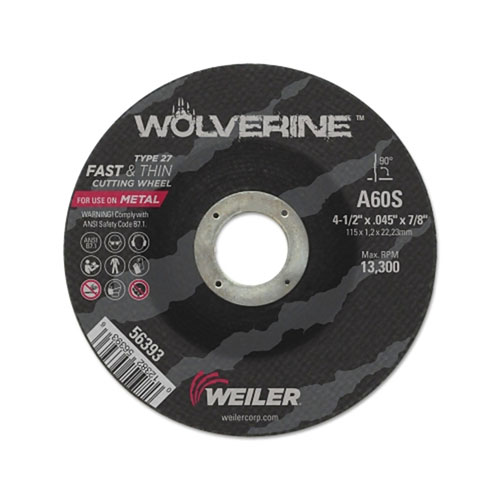 Weiler Wolverine™ Thin Cutting Wheel, 4-1/2 in x .045 in, 60 Grit, S