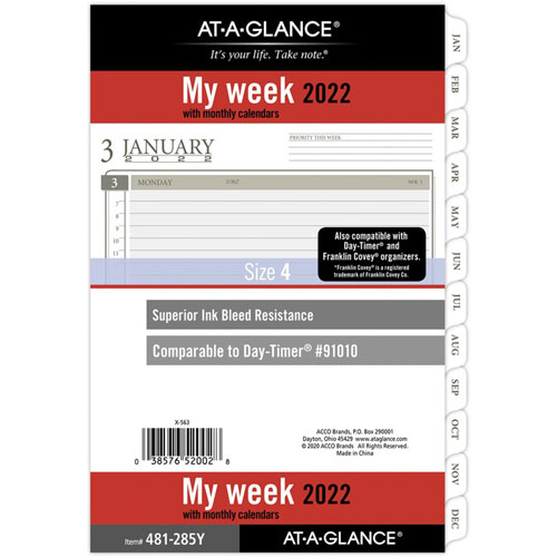 Day Runner Weekly Planner Loose-leaf Refill - Julian Dates - Weekly - 1 Year - January 2022 till December 2022