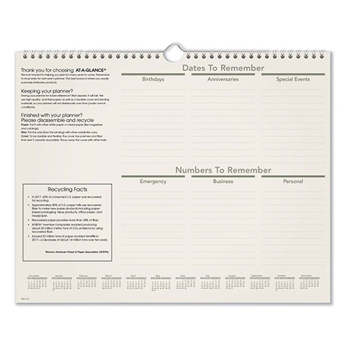 At-A-Glance Recycled Wall Calendar, Unruled Blocks, 15 x 12, Sand/Green Sheets, 12-Month (Jan to Dec): 2024