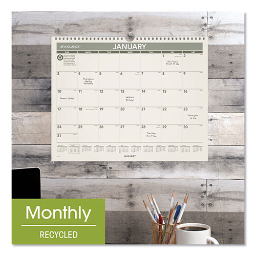 At-A-Glance Recycled Wall Calendar, Unruled Blocks, 15 x 12, Sand/Green Sheets, 12-Month (Jan to Dec): 2024