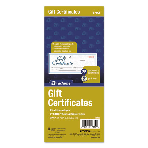 Adam Gift Certificates w/Envelopes, 8 x 3 2/5, White/Canary, 25/Book