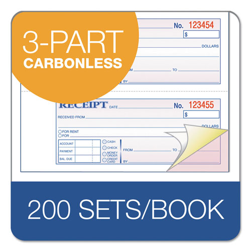 Adam TOPS 3-Part Hardbound Receipt Book, 7 x 2 3/4, Carbonless, 200 Sets/Book