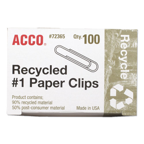 Acco Recycled Paper Clips, Medium (No. 1), Silver, 100/Box