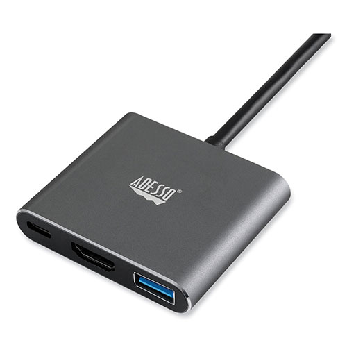 Adesso 3-in-1 USB-C Multi-Port TAA Compliant Docking Station, HDMI, USB-C, USB 3 A+PD, Black/Gray
