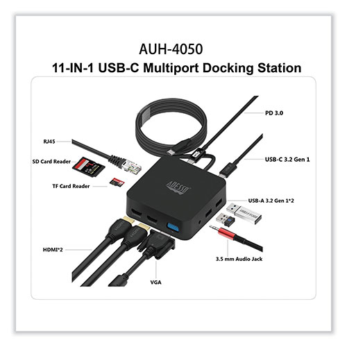 Adesso 11-in-1 USB-C Multi-Port TAA Compliant Docking Station, Black