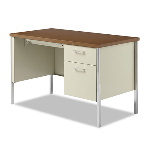 Alera Single Pedestal Steel Desk, Metal Desk, 45.25w x 24d x 29.5h, Cherry/Putty