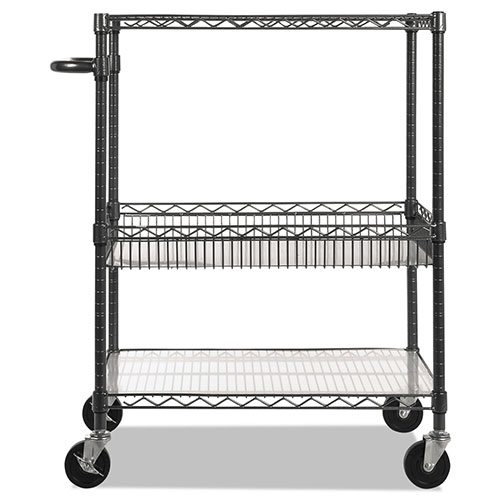 Alera Three-Tier Wire Cart with Basket, 34w x 18d x 40h, Black Anthracite