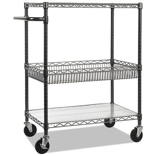 Alera Three-Tier Wire Cart with Basket, 34w x 18d x 40h, Black Anthracite
