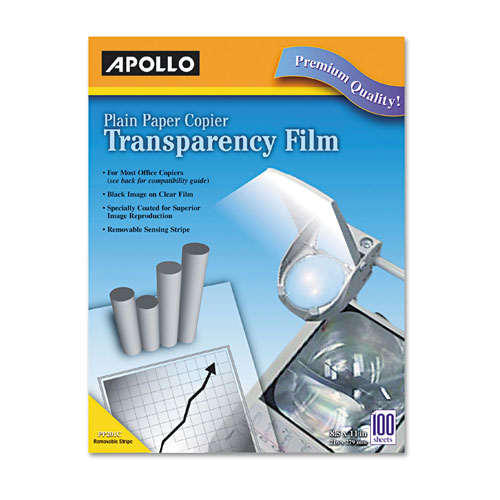 Apollo Plain Paper B/W Laser Transparency Film w/Handling Strip, Letter, Clear, 100/Box