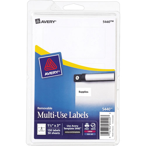 Avery Self Adhesive White Removable Labels, Rectangular, 1 1/2"x3", 150 per Pack