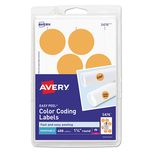 Avery Printable Self-Adhesive Removable Color-Coding Labels, 1.25" dia., Neon Orange, 8/Sheet, 50 Sheets/Pack