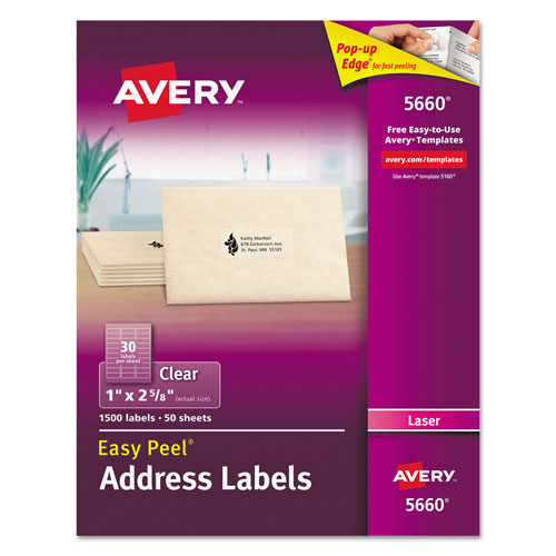 Avery Matte Clear Easy Peel Mailing Labels w/ Sure Feed Technology, Laser Printers, 1 x 2.63, Clear, 30/Sheet, 50 Sheets/Box