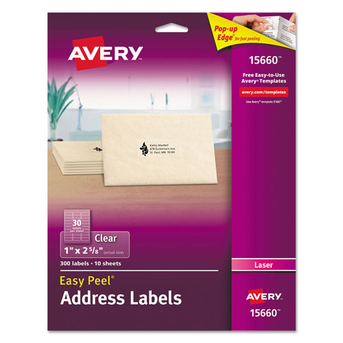 Avery Matte Clear Easy Peel Mailing Labels w/ Sure Feed Technology, Laser Printers, 1 x 2.63, Clear, 30/Sheet, 10 Sheets/Pack