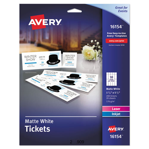 Avery Printable Tickets w/Tear-Away Stubs, 97 Bright, 65lb, 8.5 x 11, White, 10 Tickets/Sheet, 20 Sheets/Pack
