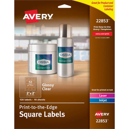 Avery Square Labels, 12/sheet, Laser/Inkjet, 2" x 2", 120/PK, Glossy Clear