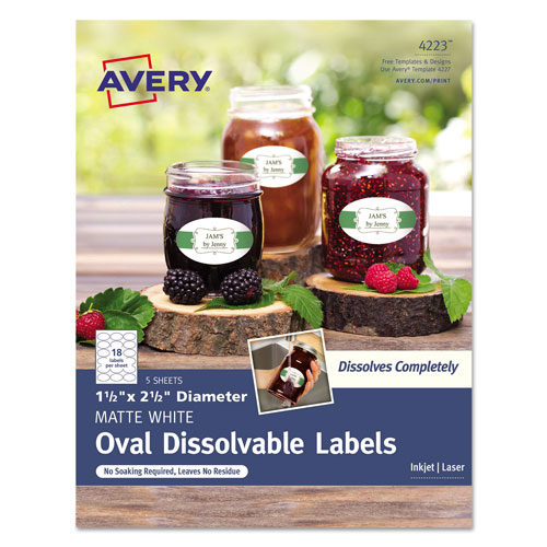Avery White Dissolvable Labels w/ Sure Feed, 1 1/2 x 2 1/2, Oval, White, 90/PK