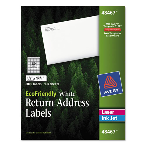 Avery EcoFriendly Mailing Labels, Inkjet/Laser Printers, 0.5 x 1.75, White, 80/Sheet, 100 Sheets/Pack