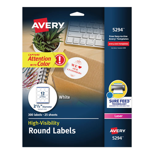 Avery Permanent Laser Print-to-the-Edge ID Labels w/SureFeed, 2 1/2"dia, White, 300/PK