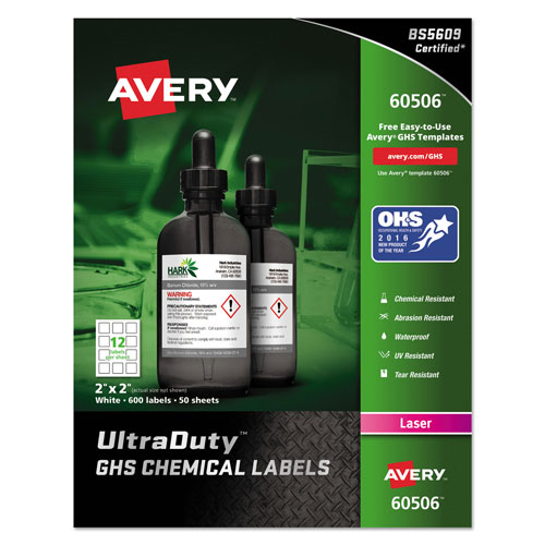 Avery UltraDuty GHS Chemical Waterproof and UV Resistant Labels, 2 x 2, White, 12/Sheet, 50 Sheets/Box