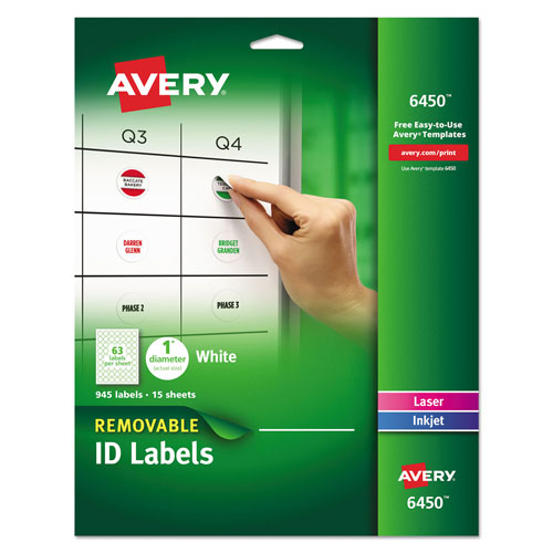 Avery Removable Multi-Use Labels, Inkjet/Laser Printers, 1" dia., White, 63/Sheet, 15 Sheets/Pack
