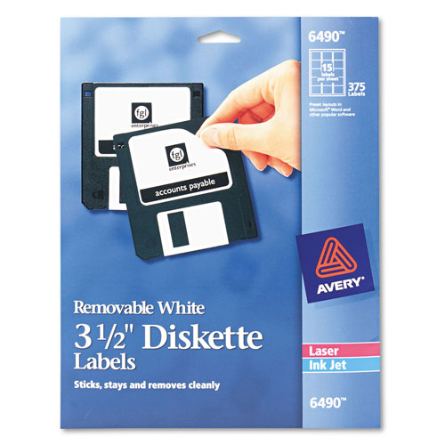 Avery Laser/Inkjet 3.5" Diskette Labels, White, 375/Pack