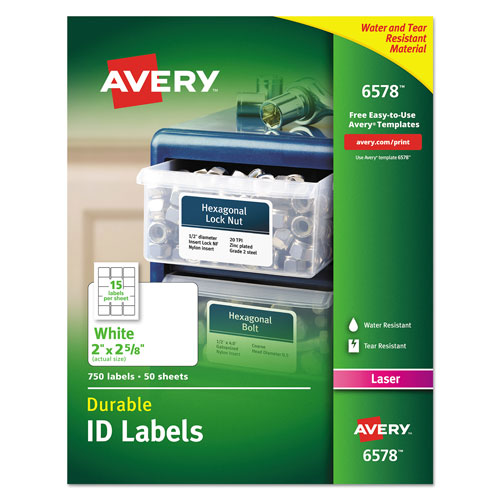 Avery Durable Permanent ID Labels with TrueBlock Technology, Laser Printers, 2 x 2.63, White, 15/Sheet, 50 Sheets/Pack