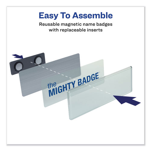 Avery The Mighty Badge Name Badge Holder Kit, Horizontal, 3 x 1, Laser, Silver, 4 Holders/32 Inserts