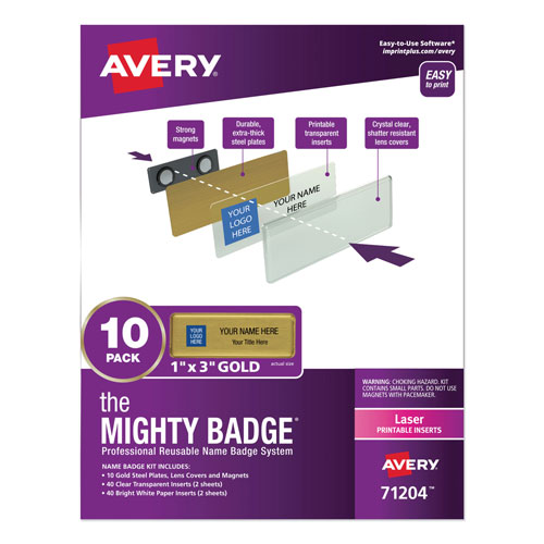 Avery The Mighty Badge Name Badge Holder Kit, Horizontal, 3 x 1, Laser, Gold, 10 Holders/ 80 Inserts