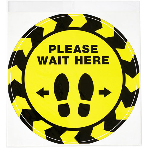 Avery PLEASE WAIT HERE Distancing Floor Decals - 5 - PLEASE WAIT HERE Print/Message - Round Shape - Pre-printed, Tear Resistant, Wear Resistant, Non-slip, Water Resistant, UV Coated, Durable, Removable, Scuff Resistant - Vinyl - Yellow, Black