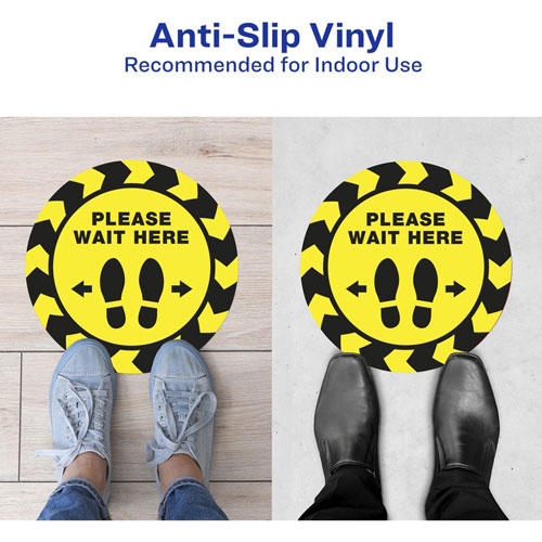 Avery PLEASE WAIT HERE Distancing Floor Decals - 5 - PLEASE WAIT HERE Print/Message - Round Shape - Pre-printed, Tear Resistant, Wear Resistant, Non-slip, Water Resistant, UV Coated, Durable, Removable, Scuff Resistant - Vinyl - Yellow, Black