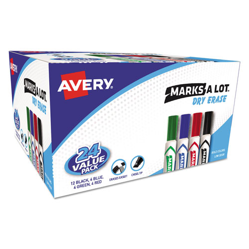 Avery MARKS A LOT Desk-Style Dry Erase Marker Value Pack, Broad Chisel Tip, Assorted Colors, 24/Pack