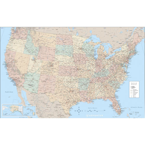 Advantus Wall Map, U.S., Laminated, 50"X32" , Mi