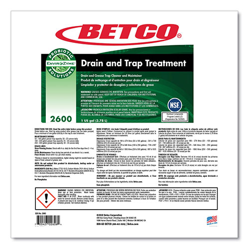 Betco BioActive Solutions Drain and Trap Treatment, Ocean Scent, 1 gal Bottle, 4/Carton