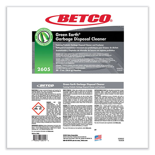 Betco Green Earth Garbage Disposal Cleaner, Fruity Scent, 2 oz Packet, 30/Carton