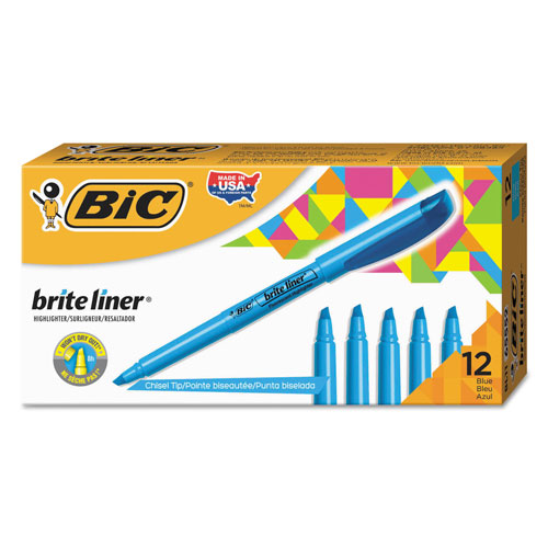 Bic Brite Liner Highlighter, Chisel Tip, Fluorescent Blue, Dozen