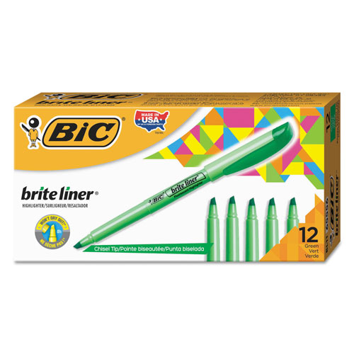 Bic Brite Liner Highlighter, Chisel Tip, Fluorescent Green, Dozen