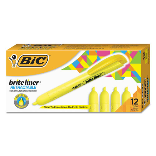 Bic Brite Liner Retractable Highlighter, Chisel Tip, Fluorescent Yellow, Dozen