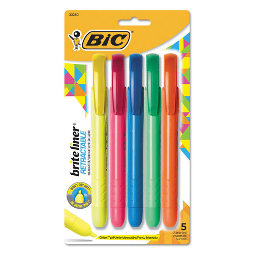 Bic Brite Liner Retractable Highlighter, Chisel Tip, Assorted Colors, 5/Set