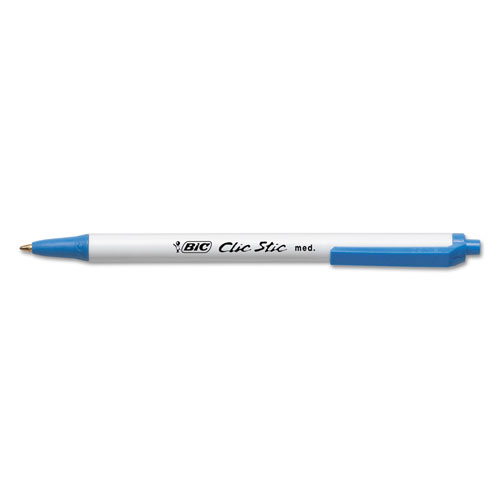 Bic Clic Stic Retractable Ballpoint Pen, Medium 1 mm, Blue Ink, White Barrel, Dozen