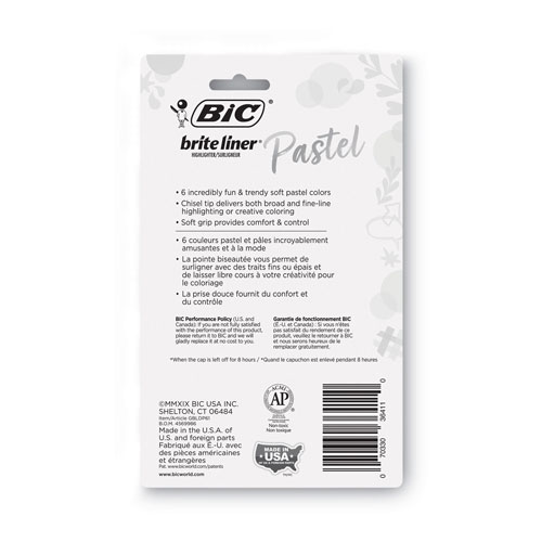 Bic Brite Liner Grip Pocket Highlighter, Assorted Ink Colors, Chisel Tip, Assorted Barrel Colors, 6/Pack