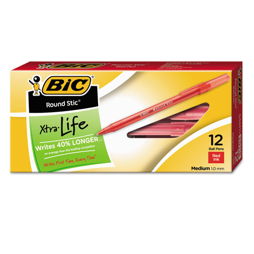 Bic Round Stic Xtra Life Stick Ballpoint Pen, 1mm, Red Ink, Translucent Red Barrel, Dozen