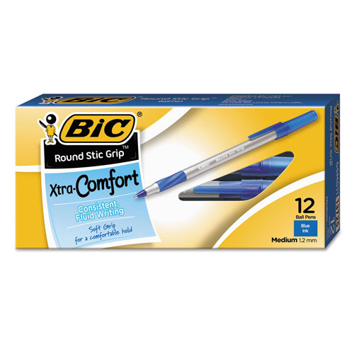 Bic Round Stic Grip Xtra Comfort Stick Ballpoint Pen, 1.2mm, Blue Ink, Gray Barrel, Dozen