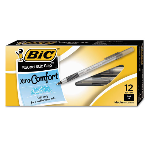Bic Round Stic Grip Xtra Comfort Stick Ballpoint Pen, 1.2mm, Black Ink, Gray Barrel, Dozen