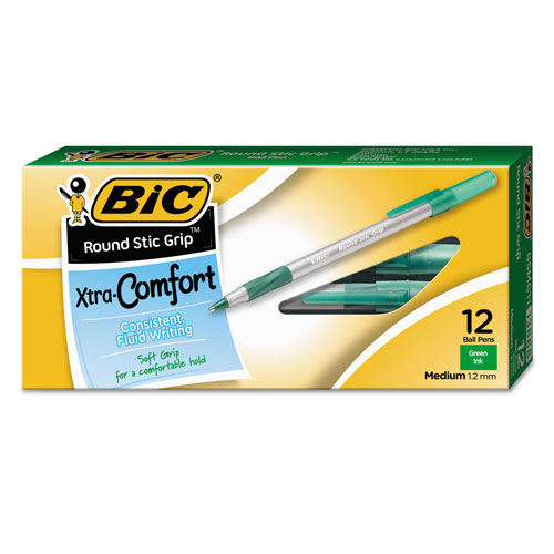 Bic Round Stic Grip Xtra Comfort Stick Ballpoint Pen, 1.2mm, Green Ink, Gray Barrel, Dozen