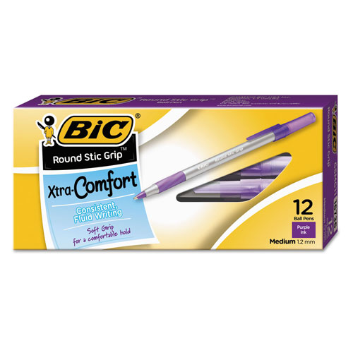 Bic Round Stic Grip Xtra Comfort Stick Ballpoint Pen, 1.2mm, Purple Ink, Gray Barrel, Dozen
