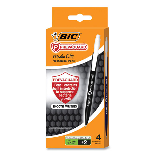 Bic PrevaGuard Media Clic Mechanical Pencils, 0.7 mm, HB (#2), Black Lead, 2 Black Barrel/2 Blue Barrel, 4/Pack