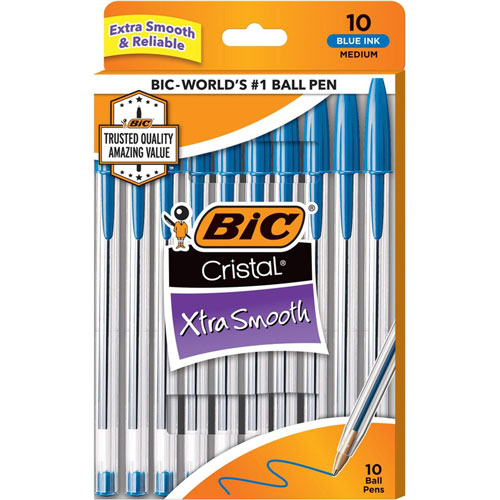 Bic Cristal Ballpoint Stick Pens - Medium Pen Point - Blue - Clear Barrel - 10 / Pack